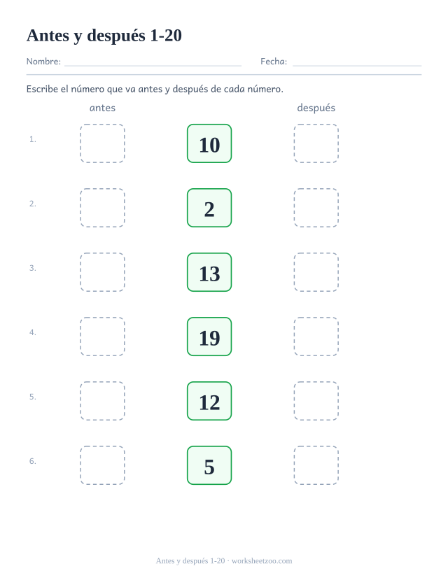 Ficha para preescolar: escribe el número que va antes y después de cada número dentro del 1-20