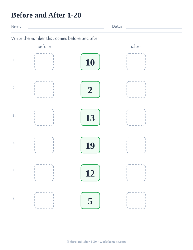 Kindergarten worksheet, write the number that comes before and after each number within 1-20