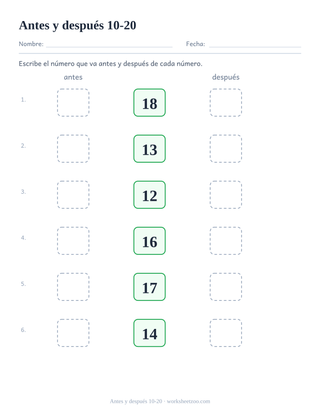 Ficha para preescolar: escribe el número que va antes y después de cada número dentro del 10-20