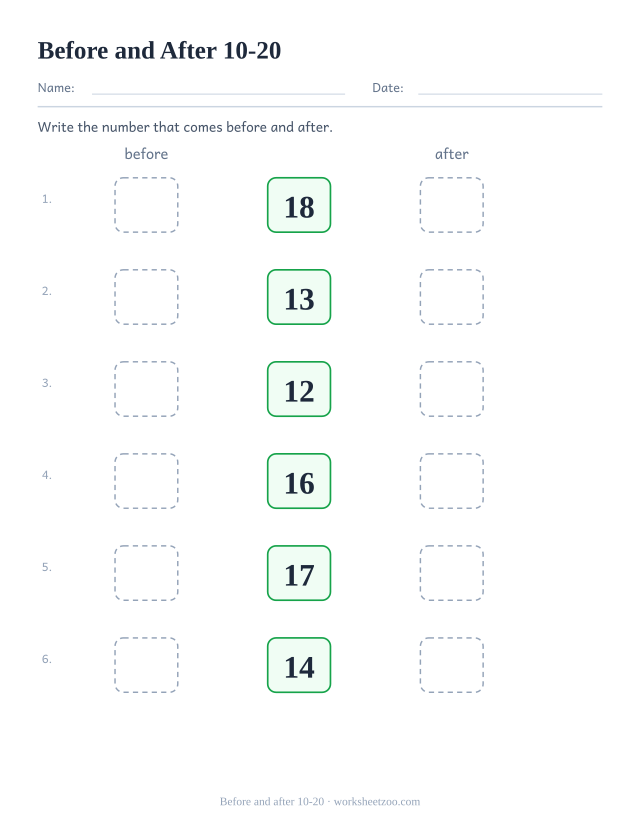 Kindergarten worksheet, write the number that comes before and after each number within 10-20
