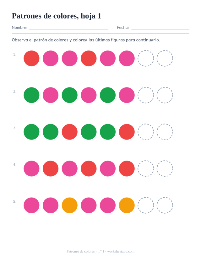 Ficha de patrones de colores para preescolar: observa cada patrón de dos colores y colorea las últimas figuras para continuarlo, hoja 1