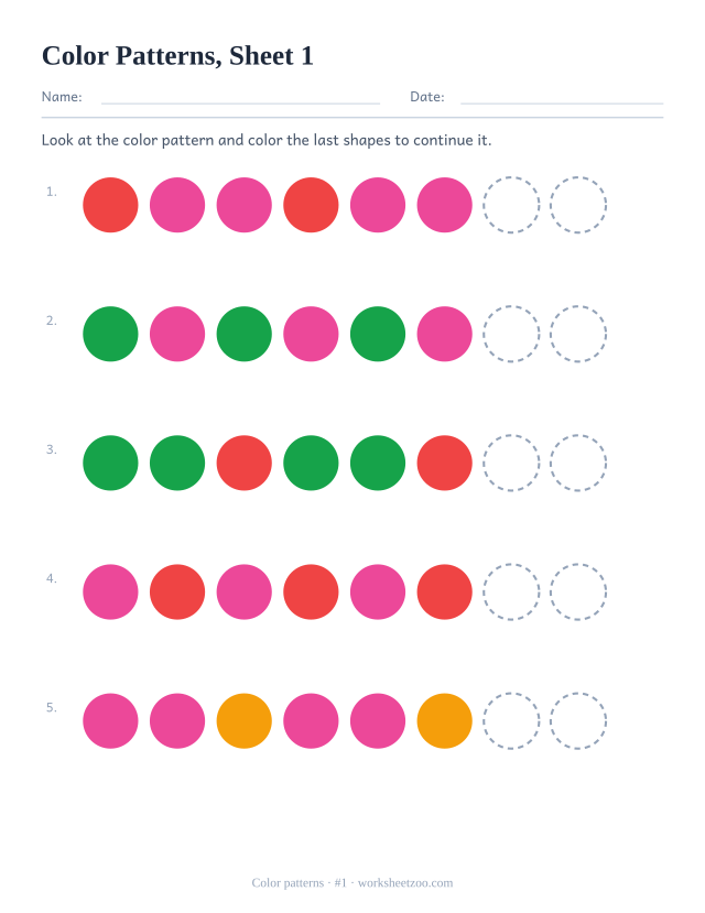 Kindergarten color patterns worksheet, look at each two-color color pattern and color the last shapes to continue it, sheet 1