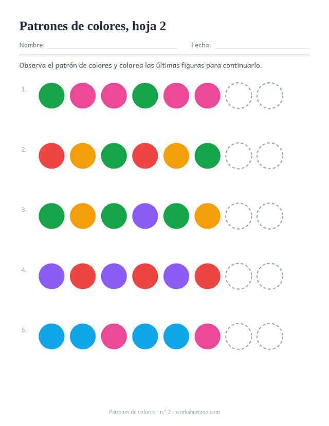 Ficha de patrones de colores para preescolar: observa cada patrón de dos y tres colores y colorea las últimas figuras para continuarlo, hoja 2