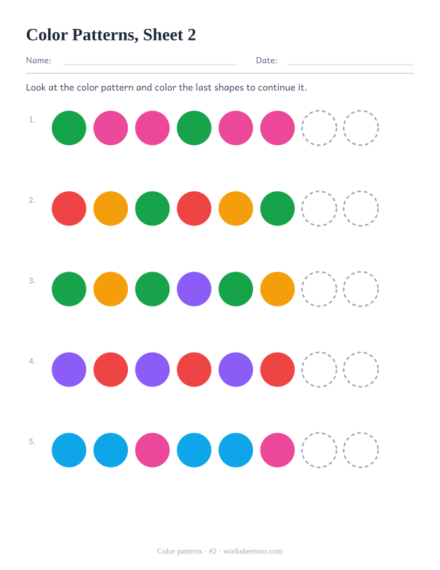 Kindergarten color patterns worksheet, look at each two- and three-color color pattern and color the last shapes to continue it, sheet 2