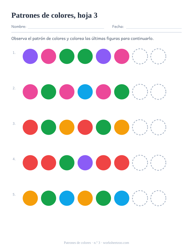 Ficha de patrones de colores para preescolar: observa cada patrón de tres colores y colorea las últimas figuras para continuarlo, hoja 3