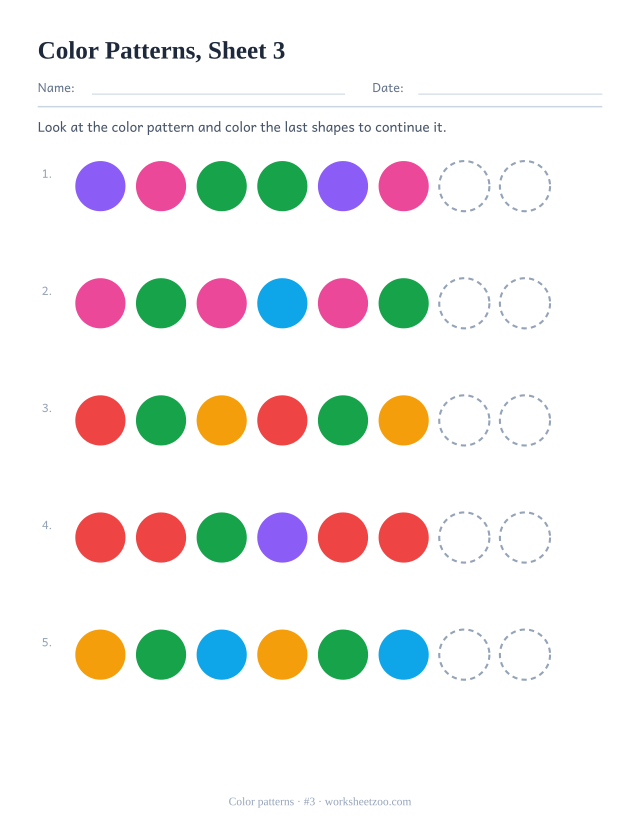 Kindergarten color patterns worksheet, look at each three-color color pattern and color the last shapes to continue it, sheet 3