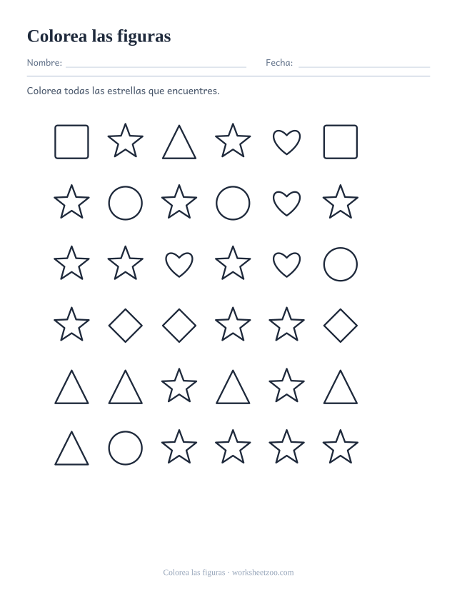 Ficha de figuras 2D para preescolar: colorea todas las figuras de un tipo escondidas en una cuadrícula de figuras distintas