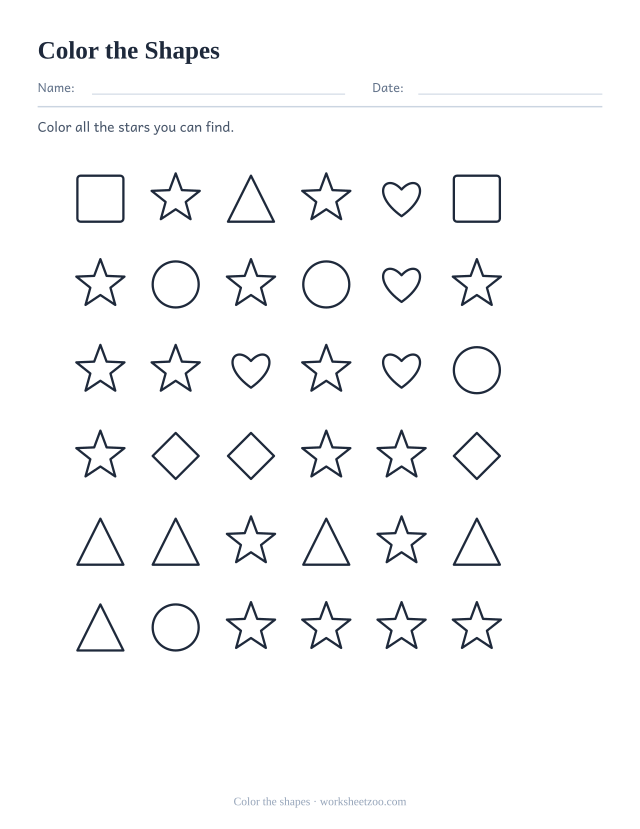 Kindergarten 2D shapes worksheet, color all of one named shape hidden among a grid of different shapes