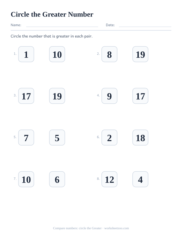 Kindergarten comparing numbers worksheet, circle the number that is Greater in each pair to 20