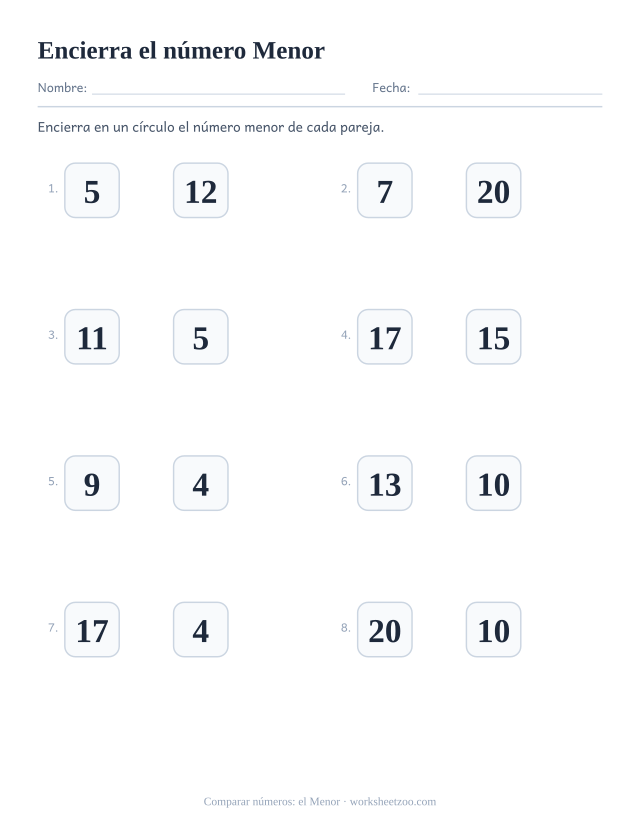 Ficha de comparar números para preescolar: encierra el número Menor de cada pareja hasta el 20