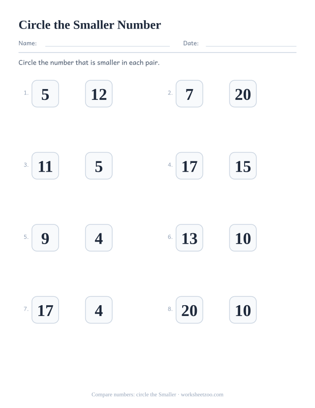 Kindergarten comparing numbers worksheet, circle the number that is Smaller in each pair to 20