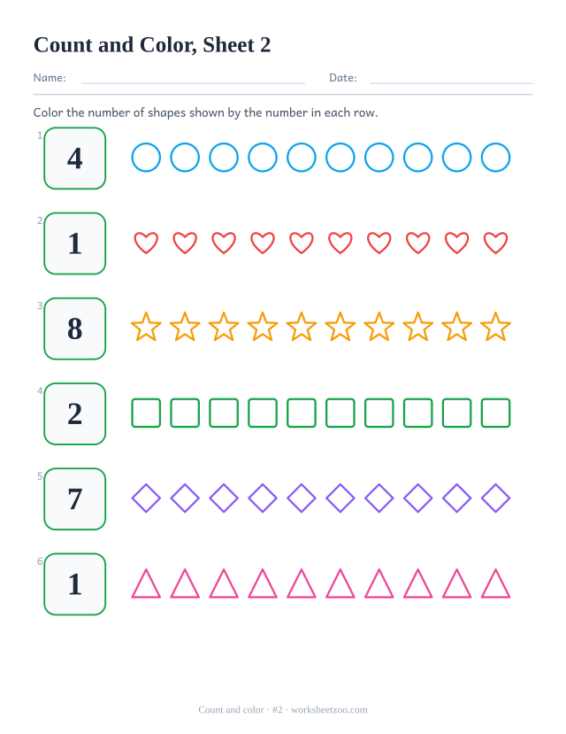 Kindergarten math worksheet: read each number to 8 and color that many shapes in the row, sheet 2