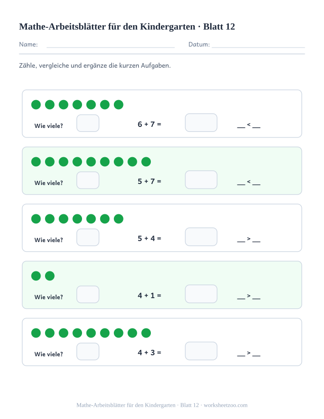 Vorschau: Mathe-Arbeitsblätter für den Kindergarten, druckbares Arbeitsblatt 12
