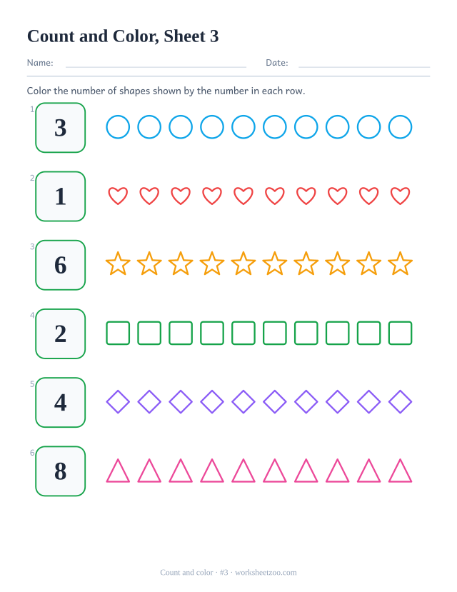 Kindergarten math worksheet: read each number to 10 and color that many shapes in the row, sheet 3
