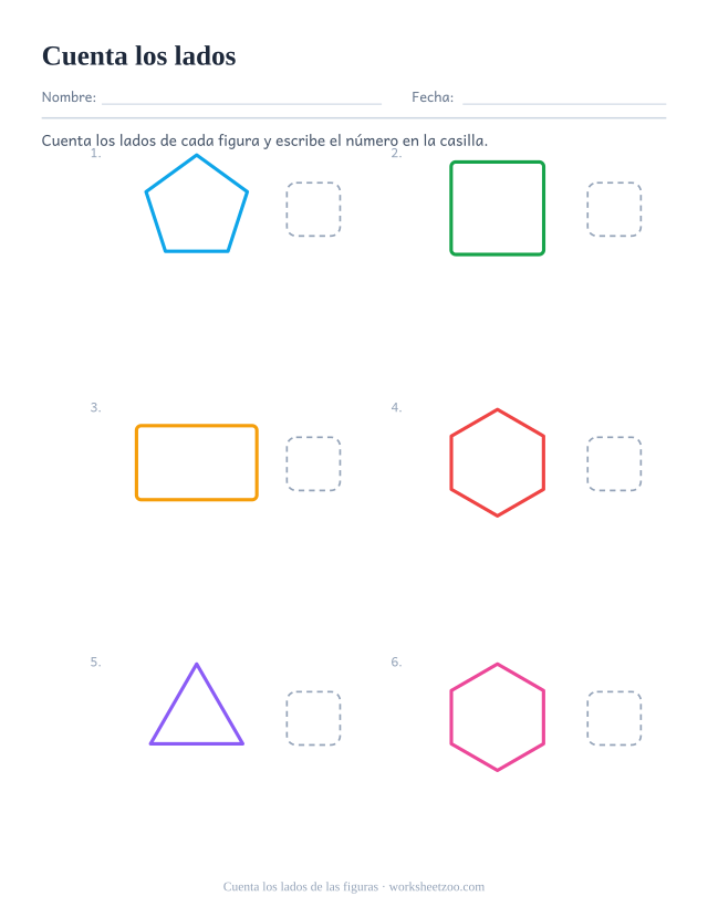 Ficha de figuras 2D para preescolar: cuenta los lados de cada figura (triángulo, cuadrado, rectángulo, pentágono, hexágono) y escribe el número