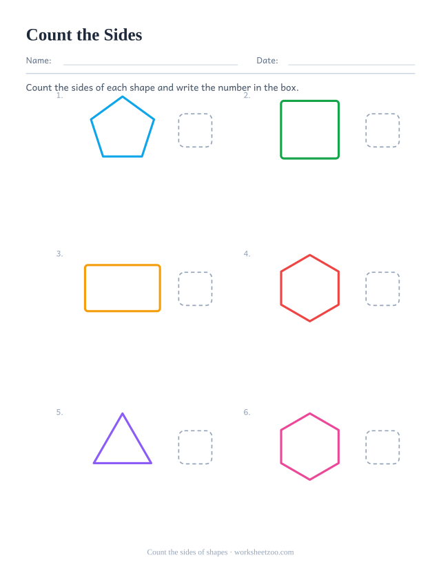Kindergarten 2D shapes worksheet, count the sides of each shape (triangle, square, rectangle, pentagon, hexagon) and write the number