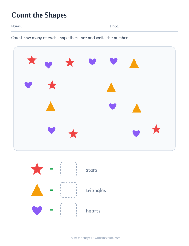 Kindergarten shapes worksheet, count how many of each shape are in the picture and write the number