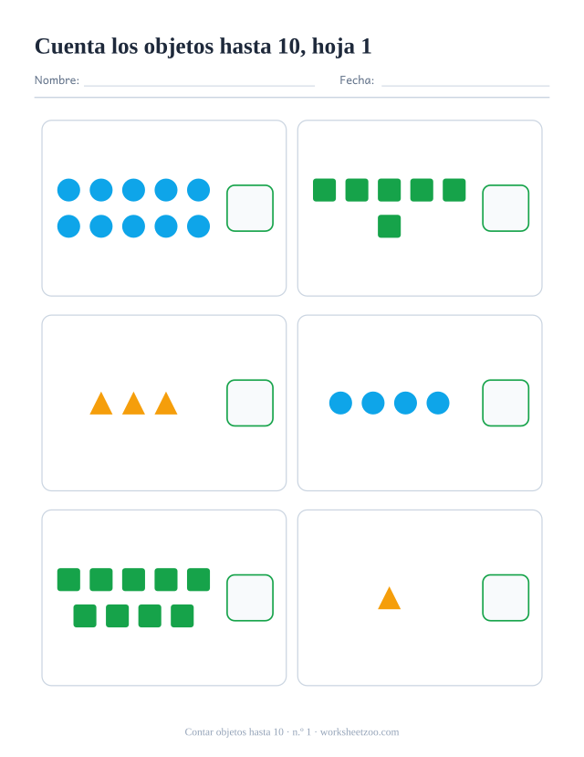 Ficha de matemáticas para preescolar: cuenta los círculos, cuadrados y triángulos de cada recuadro, hasta el 10, y escribe cuántos hay, hoja 1