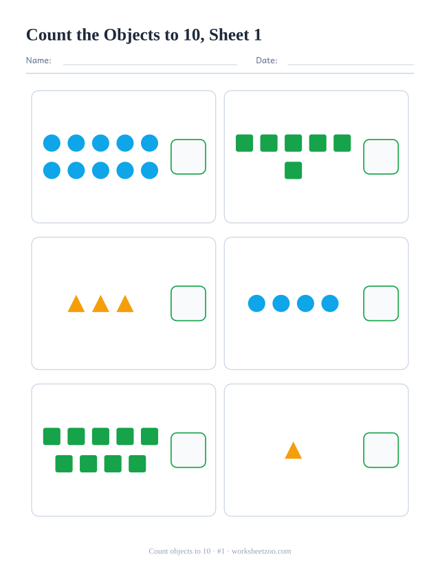 Kindergarten math worksheet: count the circles, squares and triangles in each box, up to 10, and write how many there are, sheet 1
