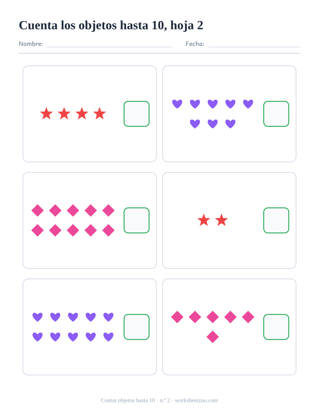 Ficha de matemáticas para preescolar: cuenta los corazones, estrellas y rombos de cada recuadro, hasta el 10, y escribe cuántos hay, hoja 2