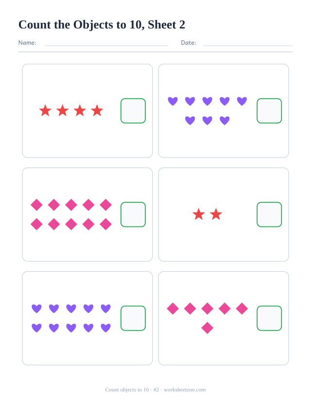 Kindergarten math worksheet: count the stars, hearts and diamonds in each box, up to 10, and write how many there are, sheet 2