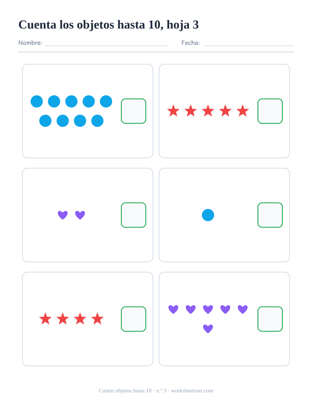 Ficha de matemáticas para preescolar: cuenta los círculos, estrellas y corazones de cada recuadro, hasta el 10, y escribe cuántos hay, hoja 3