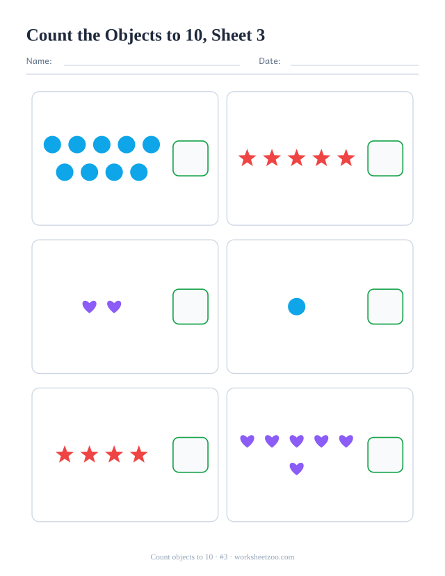 Kindergarten math worksheet: count the circles, stars and hearts in each box, up to 10, and write how many there are, sheet 3