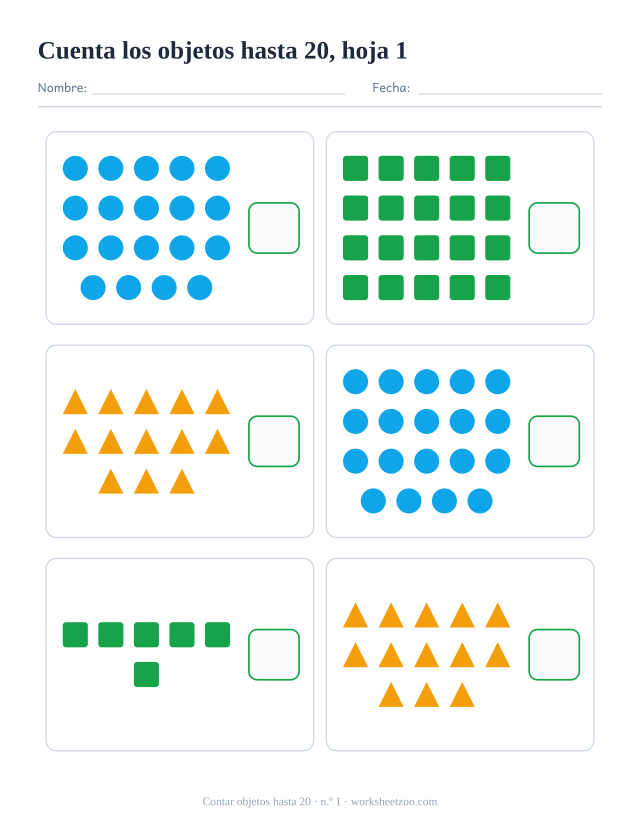 Ficha de matemáticas para preescolar: cuenta los círculos, cuadrados y triángulos de cada recuadro, hasta el 20, y escribe cuántos hay, hoja 1