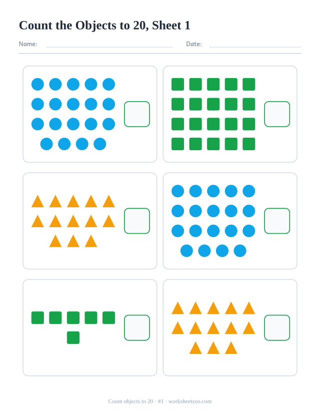 Kindergarten math worksheet: count the circles, squares and triangles in each box, up to 20, and write how many there are, sheet 1
