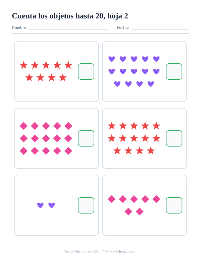 Ficha de matemáticas para preescolar: cuenta los corazones, estrellas y rombos de cada recuadro, hasta el 20, y escribe cuántos hay, hoja 2