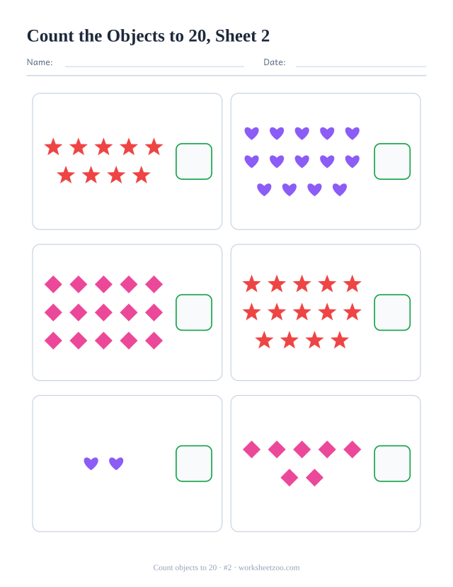 Kindergarten math worksheet: count the stars, hearts and diamonds in each box, up to 20, and write how many there are, sheet 2