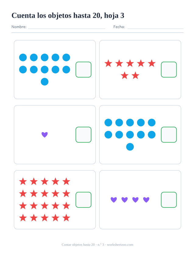 Ficha de matemáticas para preescolar: cuenta los círculos, estrellas y corazones de cada recuadro, hasta el 20, y escribe cuántos hay, hoja 3