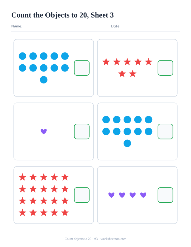 Kindergarten math worksheet: count the circles, stars and hearts in each box, up to 20, and write how many there are, sheet 3