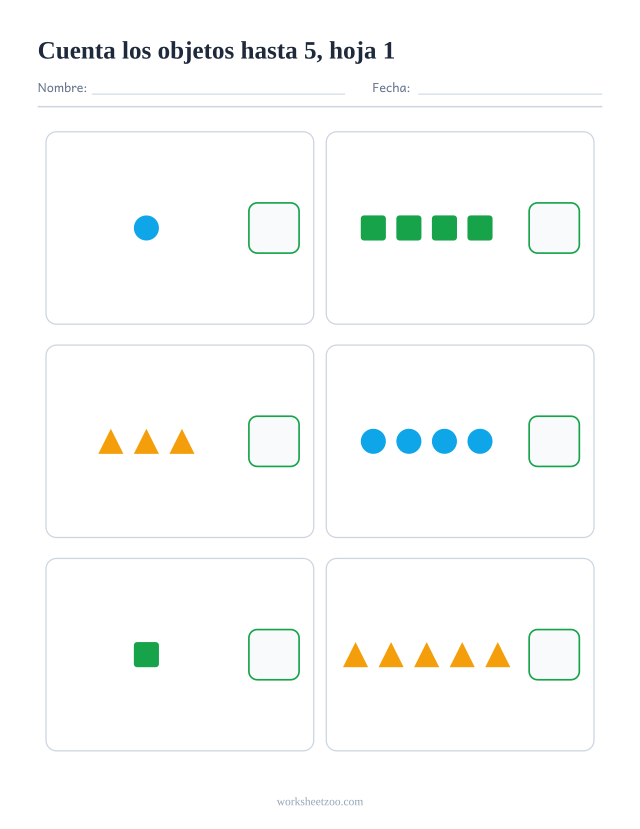 Ficha de matemáticas para preescolar: cuenta los círculos, cuadrados y triángulos de cada recuadro, hasta el 5, y escribe cuántos hay, hoja 1