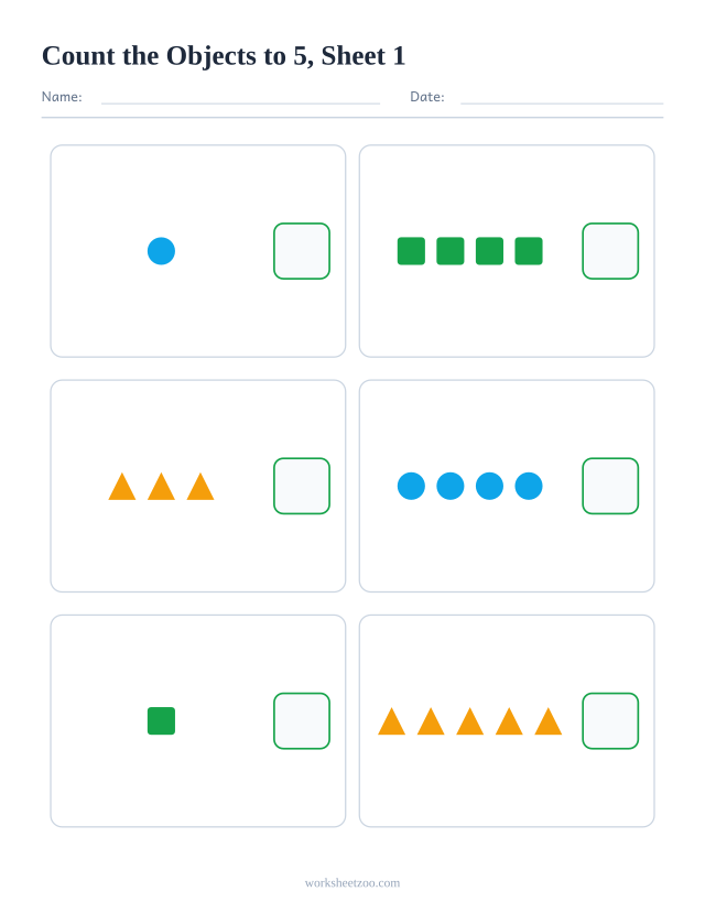 Kindergarten math worksheet: count the circles, squares and triangles in each box, up to 5, and write how many there are, sheet 1