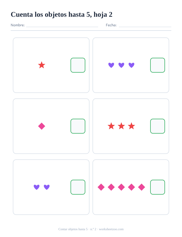 Ficha de matemáticas para preescolar: cuenta los corazones, estrellas y rombos de cada recuadro, hasta el 5, y escribe cuántos hay, hoja 2
