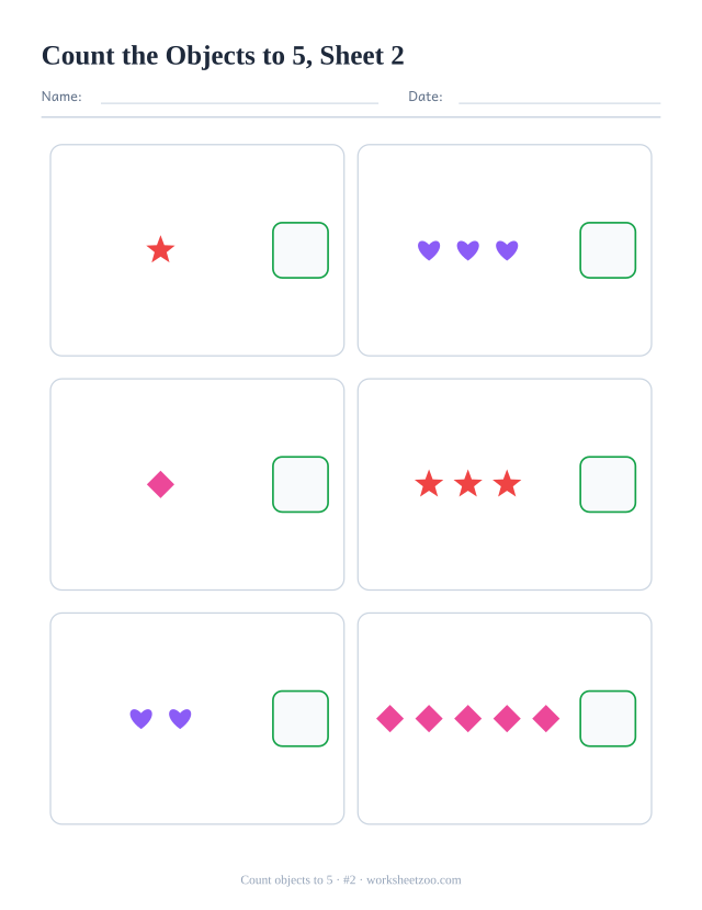 Kindergarten math worksheet: count the stars, hearts and diamonds in each box, up to 5, and write how many there are, sheet 2