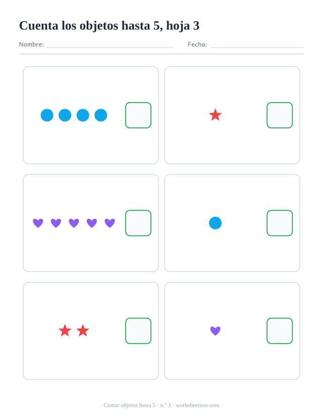 Ficha de matemáticas para preescolar: cuenta los círculos, estrellas y corazones de cada recuadro, hasta el 5, y escribe cuántos hay, hoja 3