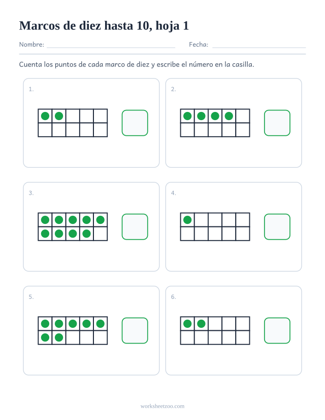 Ficha de contar para preescolar con seis marcos de diez hasta 10: cuenta los puntos y escribe el número, hoja 1