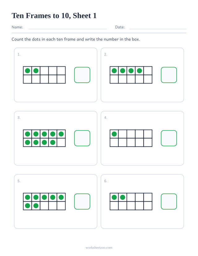 Kindergarten counting worksheet with six ten frames up to 10, count the dots and write the number, sheet 1