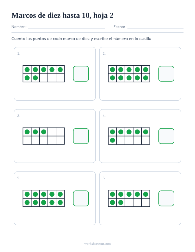 Ficha de contar para preescolar con seis marcos de diez hasta 10: cuenta los puntos y escribe el número, hoja 2