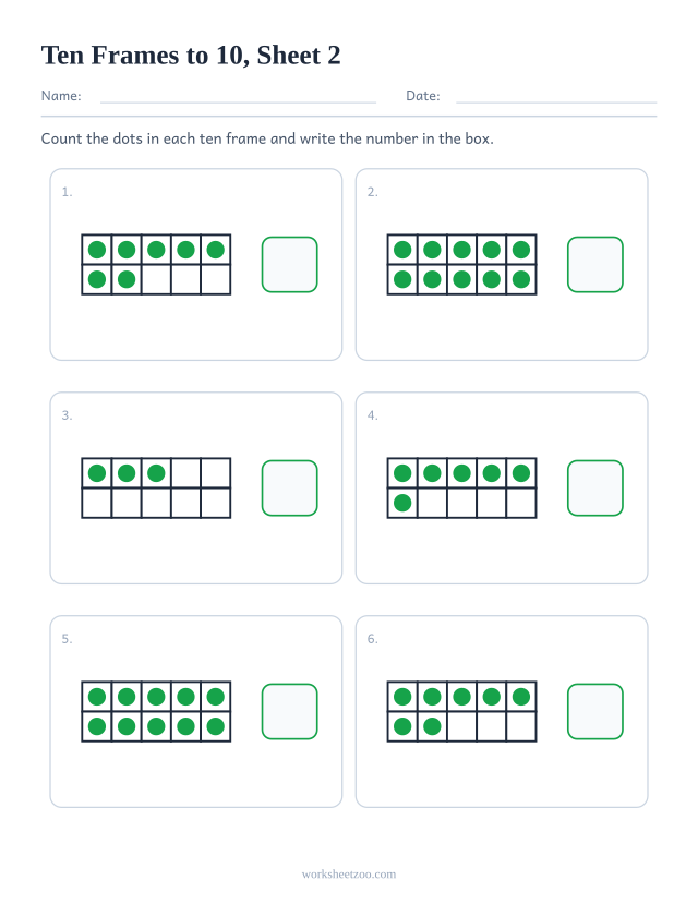 Kindergarten counting worksheet with six ten frames up to 10, count the dots and write the number, sheet 2
