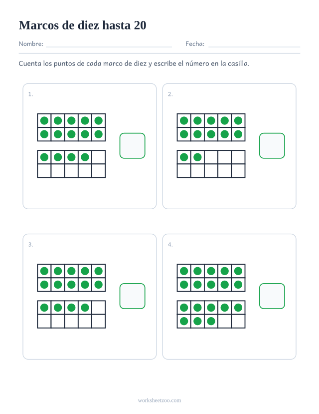 Ficha de contar para preescolar con marcos de diez dobles para los números del 11 al 20: cuenta los puntos y escribe el número