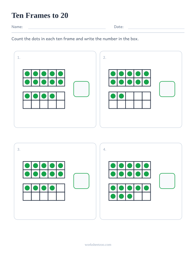 Kindergarten counting worksheet with double ten frames for the teen numbers 11 to 20, count the dots and write the number