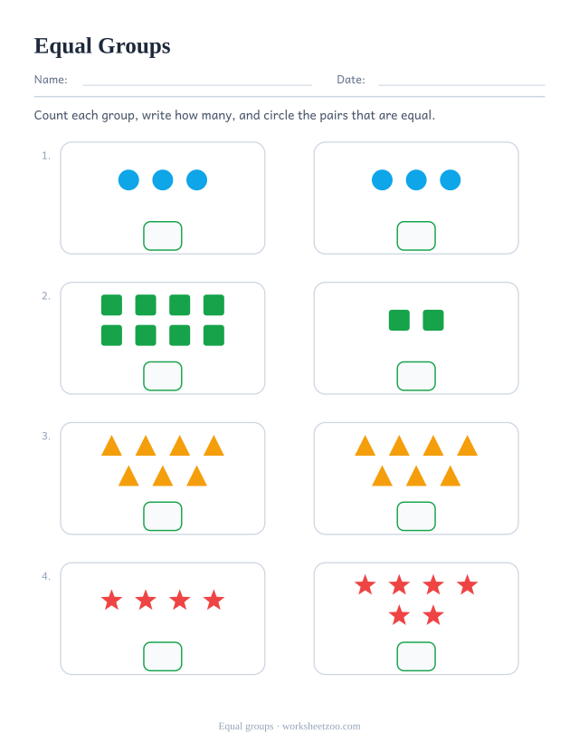 Kindergarten equal groups worksheet, count each group, write how many and circle the pairs that are equal