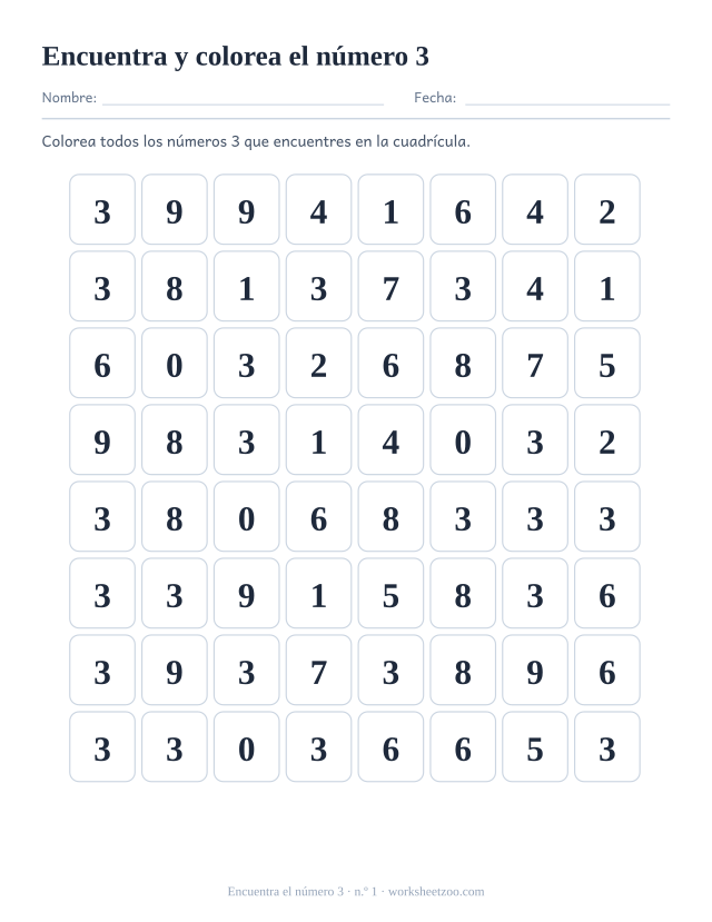Ficha de reconocimiento de números para preescolar: colorea todos los números 3 que encuentres en la cuadrícula, hoja 1