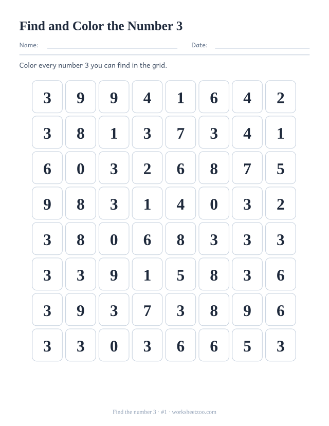 Kindergarten number recognition worksheet: color every number 3 you can find in the grid, sheet 1