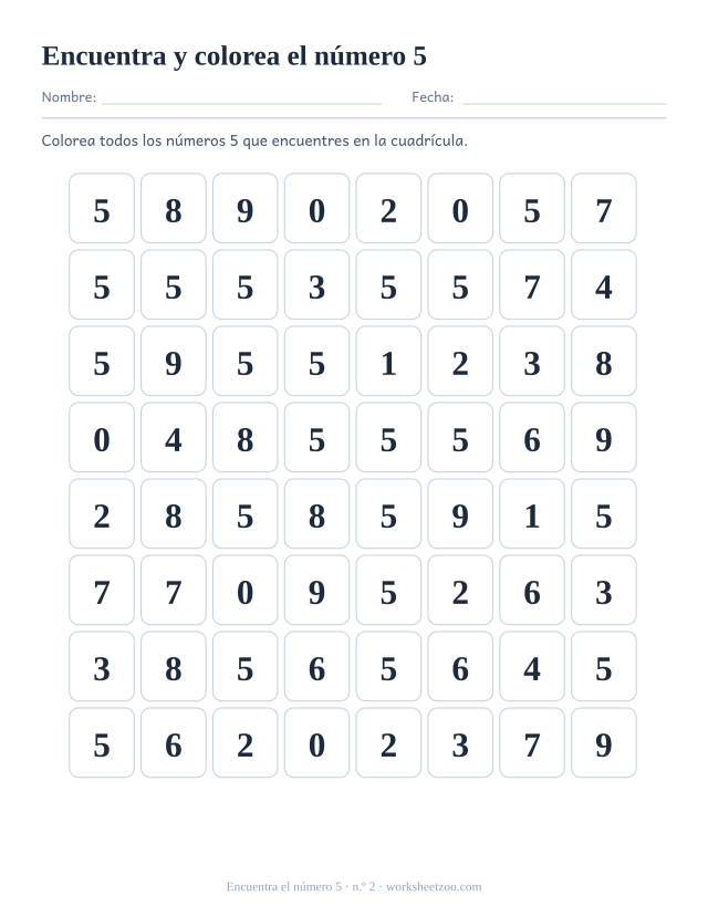 Ficha de reconocimiento de números para preescolar: colorea todos los números 5 que encuentres en la cuadrícula, hoja 2