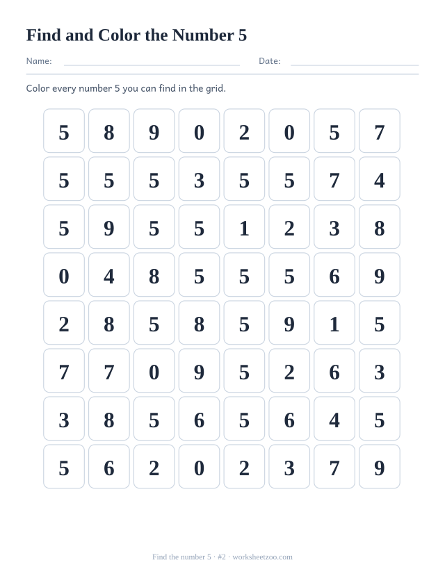 Kindergarten number recognition worksheet: color every number 5 you can find in the grid, sheet 2
