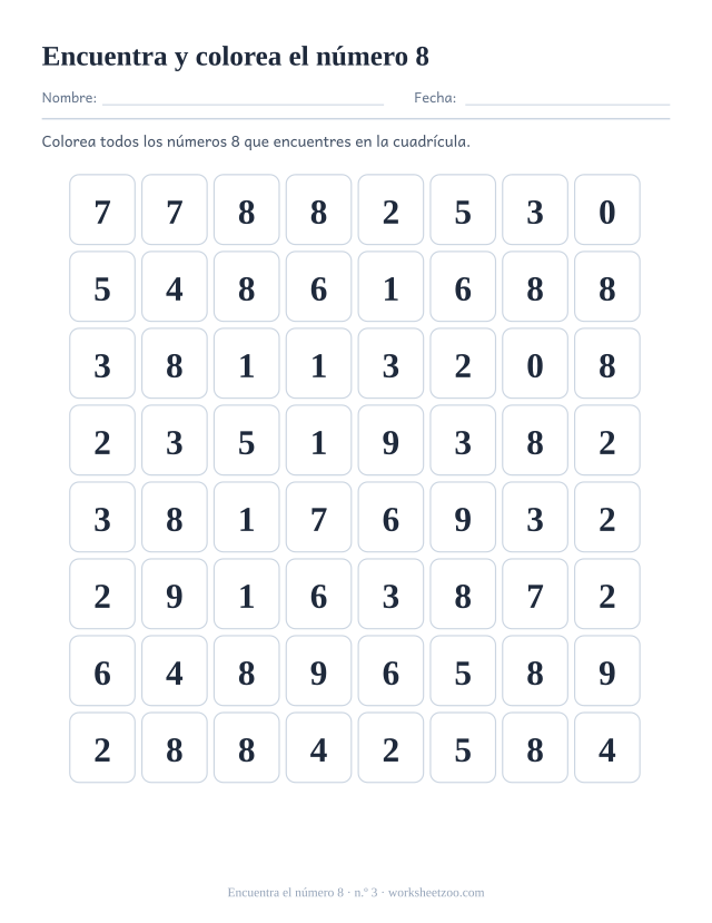 Ficha de reconocimiento de números para preescolar: colorea todos los números 8 que encuentres en la cuadrícula, hoja 3